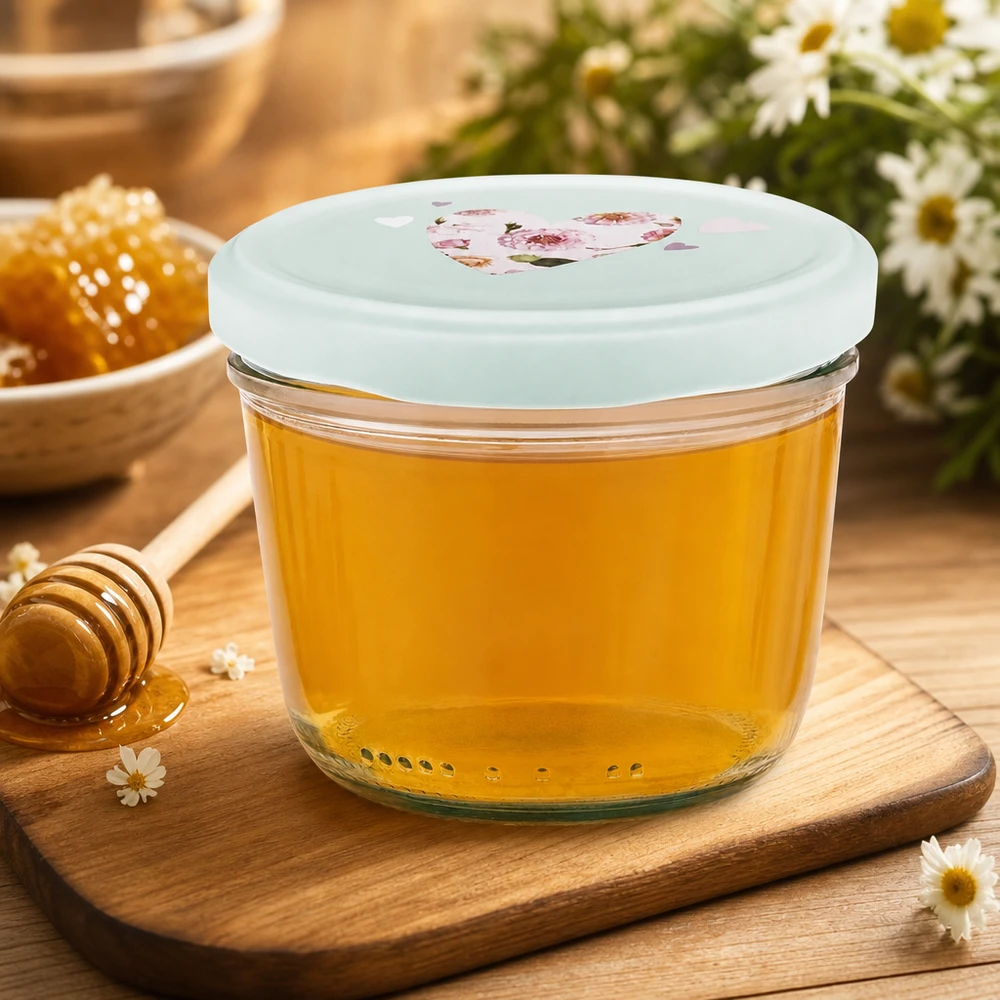 230ml Sturzglas + BasicSeal Deckel Herz mint UNiTWIST Honig im 230ml Sturzglas mit BasicSeal Deckel Herz mint, Honigglas auf Holzbrett mit Honiglöffel und Blumen