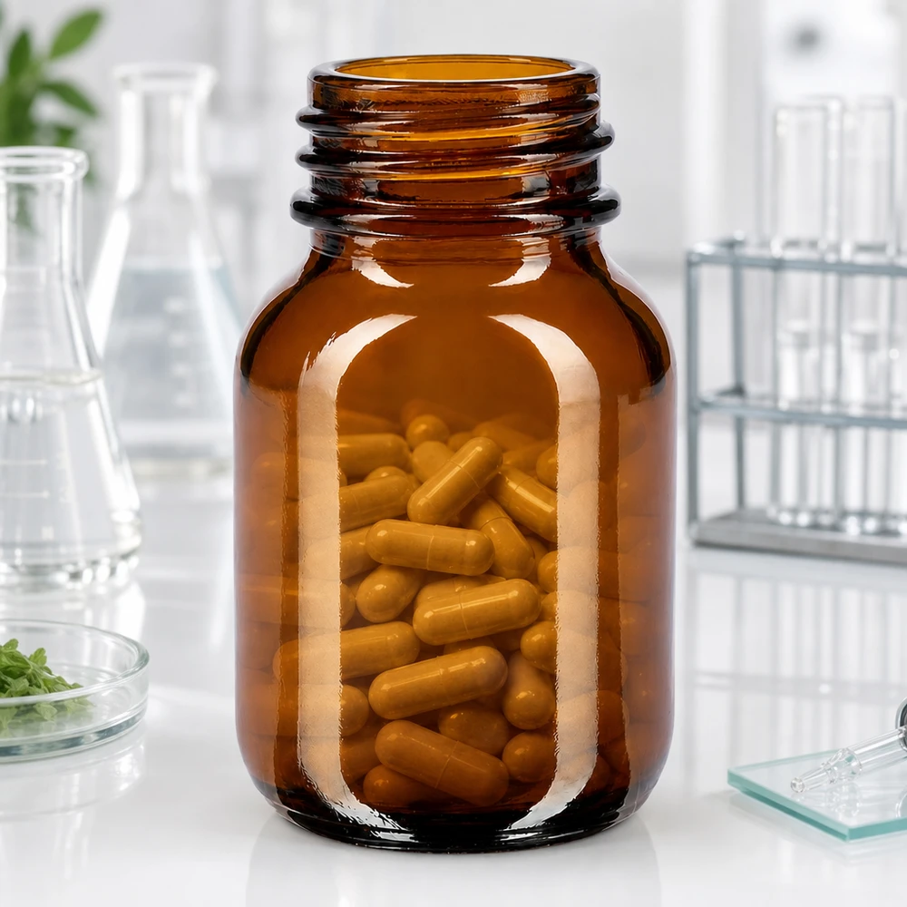 Bocal à col large en verre ambré 50 ml, goulot DIN 32, sans couvercle Flacon en verre brun de 50ml à large ouverture idéal pour les gélules et les comprimés