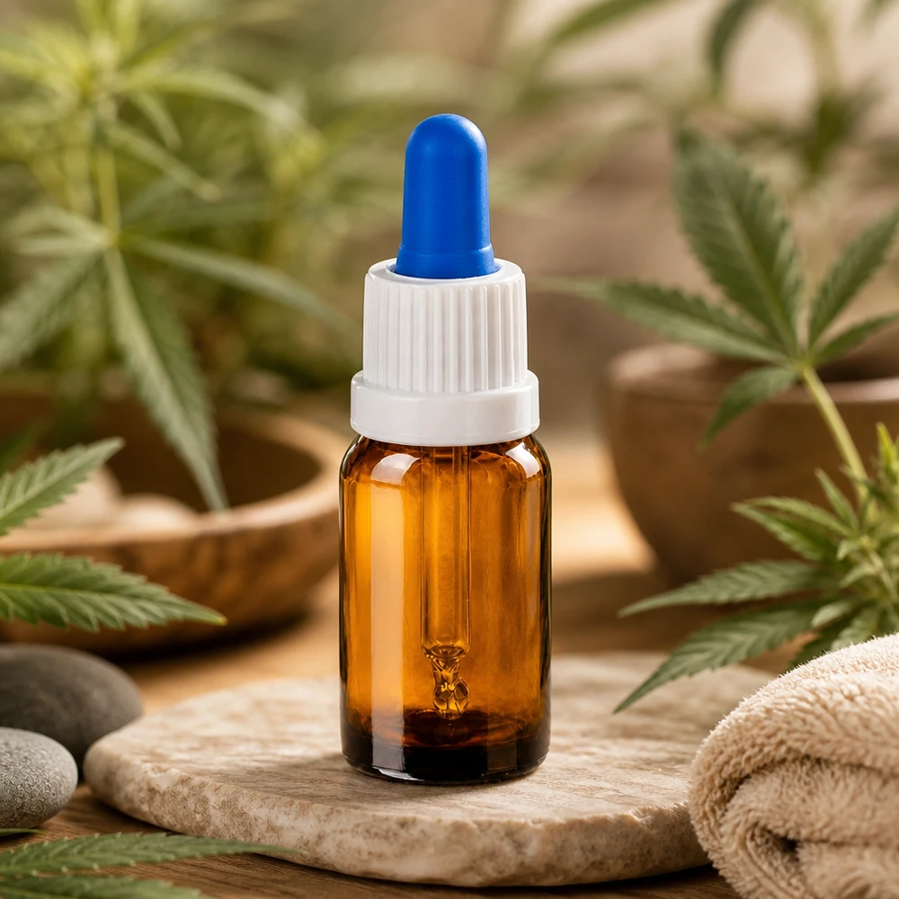 Piccola pipetta da 10 ml in vetro ambrato con tappo ergonomico bianco e puntale blu