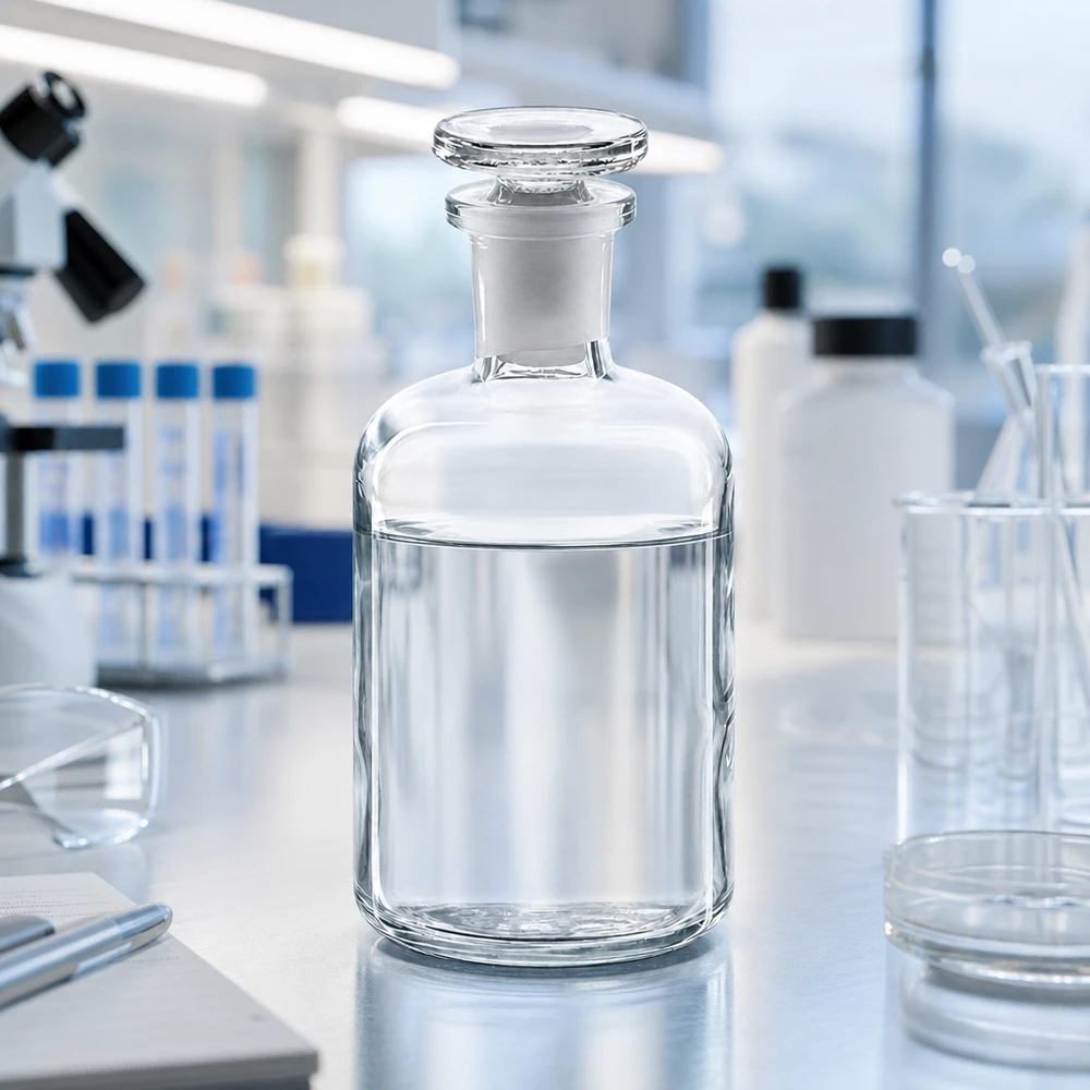 Bottiglia vuota in vetro trasparente da 100 ml a collo stretto con tappo in vetro in un laboratorio moderno