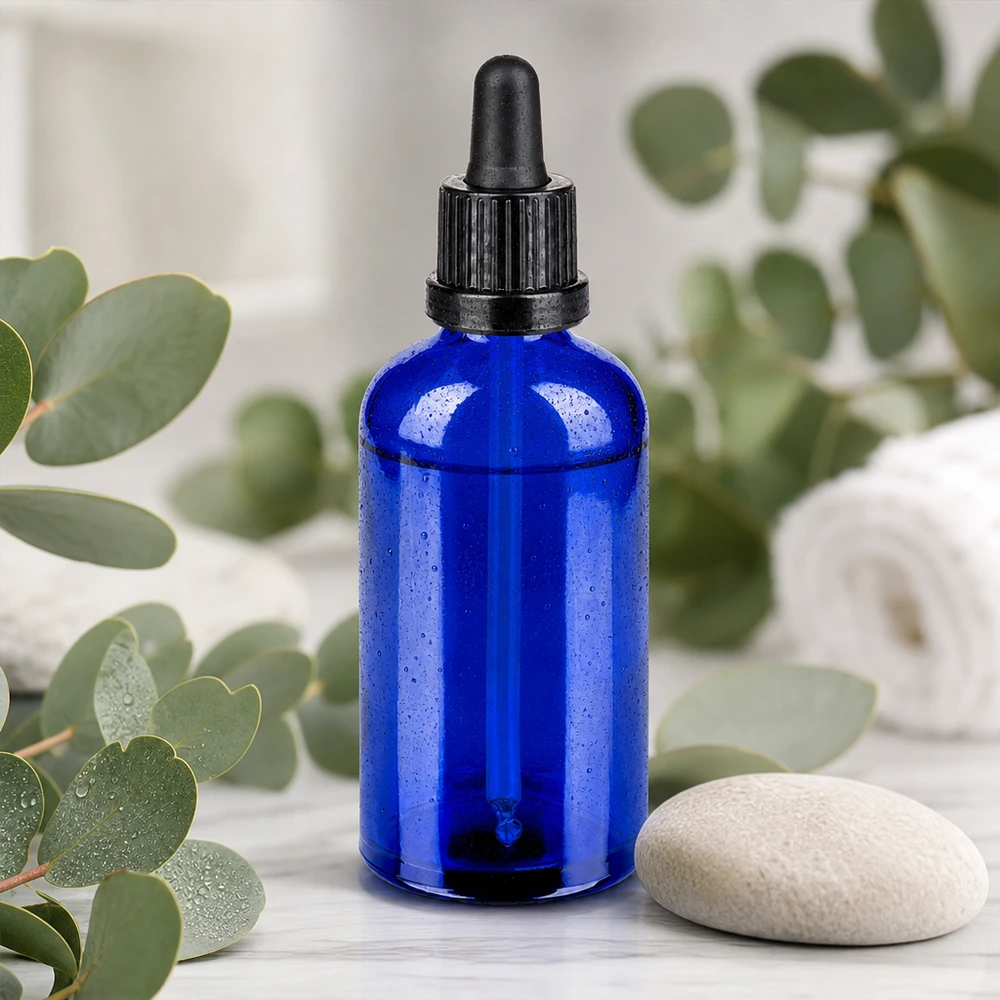Flacone per pipette da 100 ml nero OV BlueLine UT18/100 Elegante flacone a pipetta in vetro borosilicato blu da 100 ml per applicazioni terapeutiche