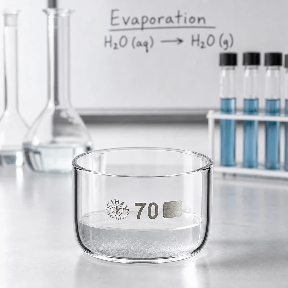 Coupelle de cristallisation 100 ml sans bec verseur Coupelle de cristallisation de 100 ml en verre borosilicaté contenant des cristaux de sel blancs, posée sur une paillasse de laboratoire lors d'une expérience d'évaporation