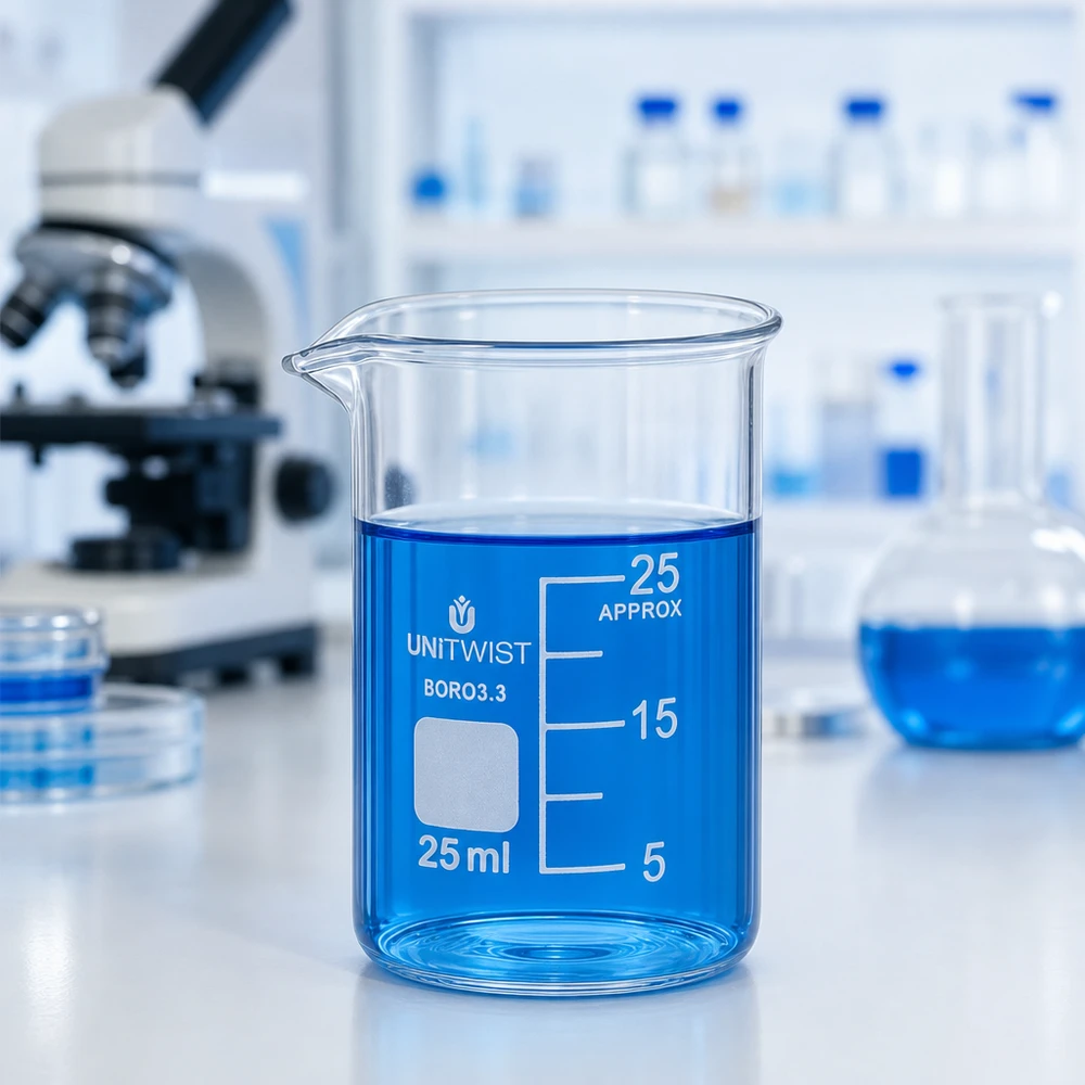 Bicchiere 25ml in borosilicato, a basso stampo UNiTWIST Bicchiere da laboratorio UNiTWIST da 25 ml di forma bassa contenente un liquido blu, su un piano di lavoro bianco