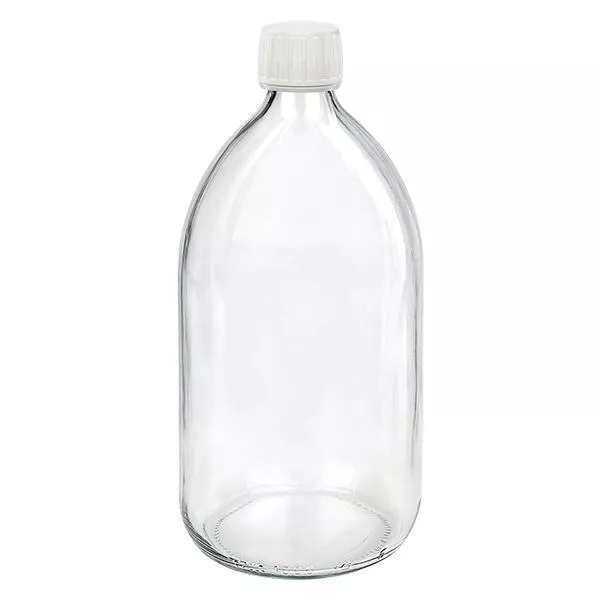 1000ml Medizinflasche klar, Verschluss weiß mit Originalitätsring ApoGlas 1000ml Medizinflasche klar, Verschluss weiß mit Originalitätsring ApoGlas
