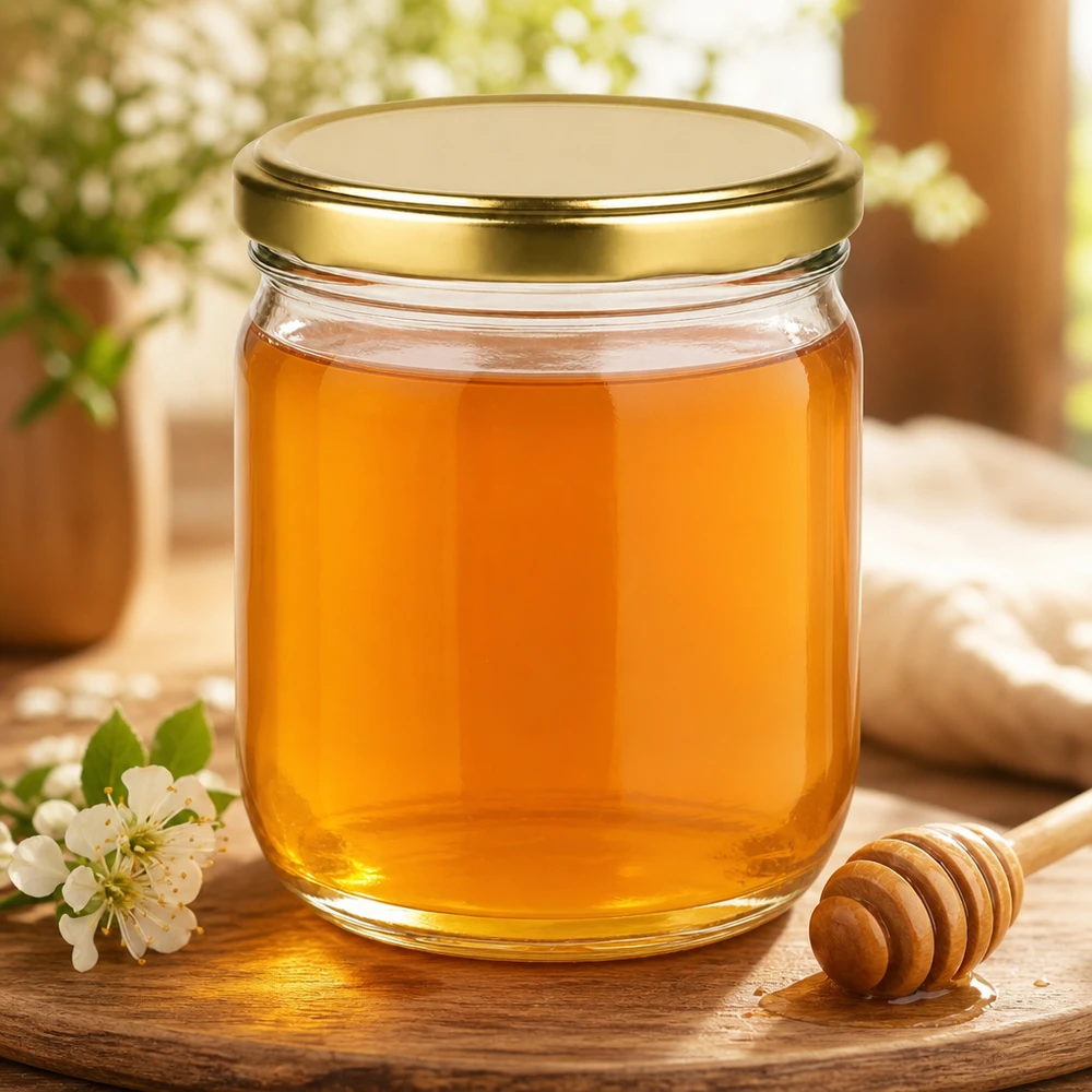 Vaso rotondo da 425 ml con coperchio BasicSeal riempito d'oro di miele accanto a cucchiaio e fiori su tavolo di legno
