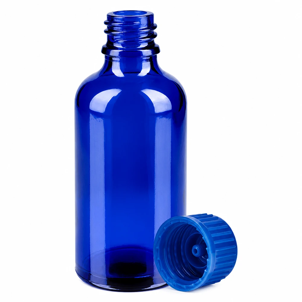 Piccola bottiglia di vetro blu da 50 ml con pratico tappo a vite