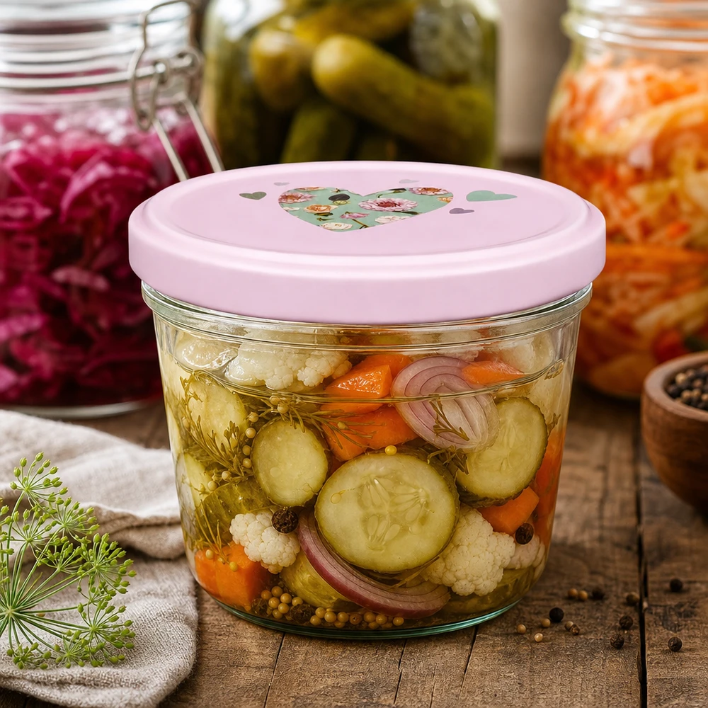 230ml Sturzglas + BasicSeal Deckel Herz rosa UNiTWIST Sturzglas 230ml mit rosa Herz-Deckel für eingelegtes Gemüse Mixed Pickles Gurken Karotten Blumenkohl fermentieren