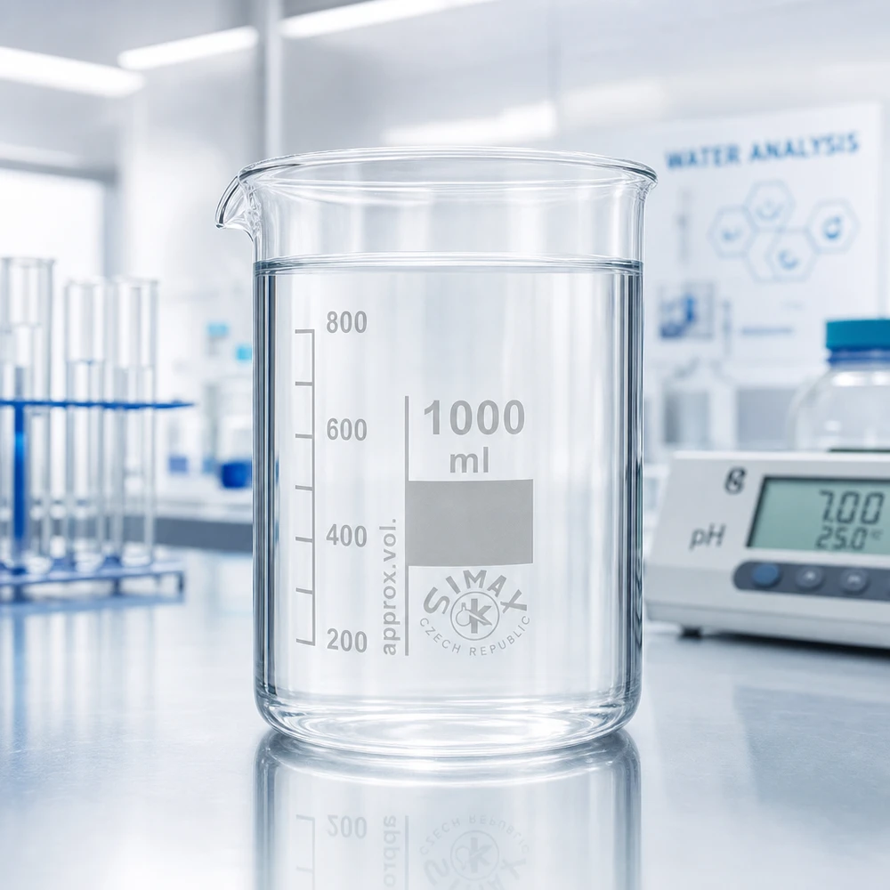 Bicchiere 1000ml in vetro borosilicato, forma bassa Bicchiere da 1000 ml in vetro borosilicato a forma bassa con labbro di versamento per un facile travaso