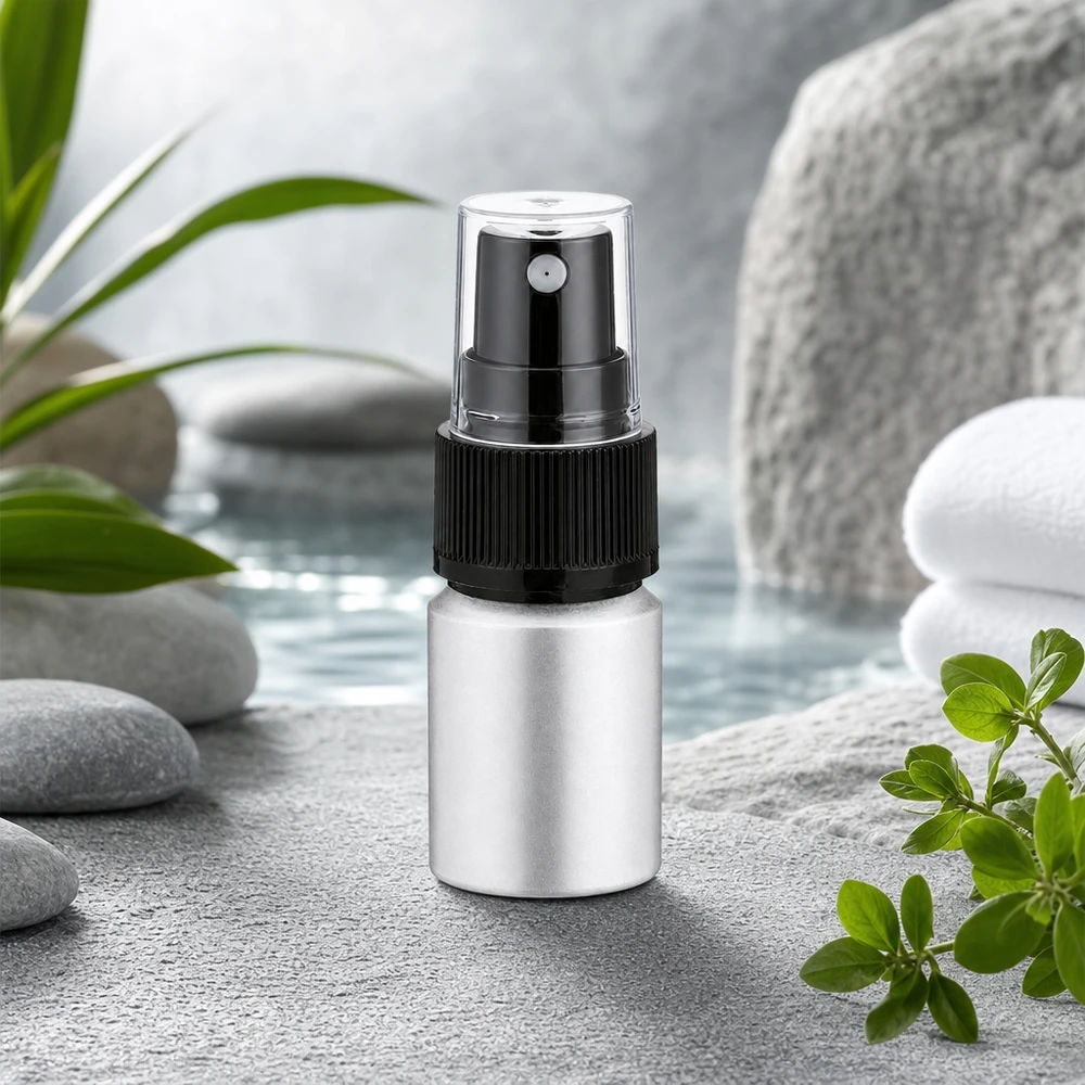 10ml gebeizte Aluflasche mit Zerstäuber Auslaufsichere 10ml Aluflasche mit Feinzerstäuber für kontrollierte Sprühverteilung
