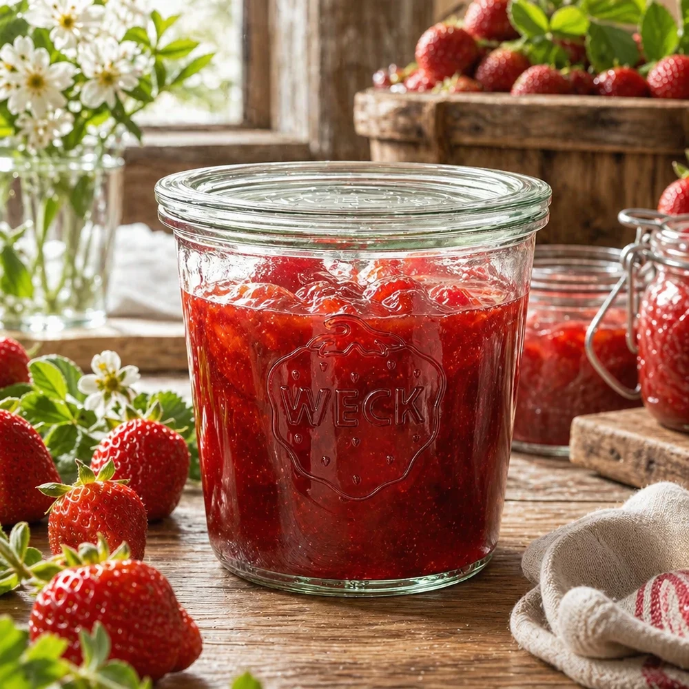 Bocal en verre de 580 ml avec couvercle en verre WECK RR100 WECK Einmachglas 580ml mit Erdbeermarmelade gefüllt in rustikaler Küche mit frischen Erdbeeren und Blumen