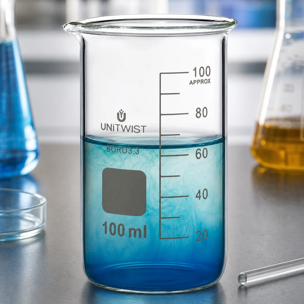 Bicchiere da 100 ml in borosilicato, forma alta UNITWIST Bicchiere graduato da 100 ml, forma alta, in borosilicato, con scala di misurazione fino a 100 ml, UNITWIST
