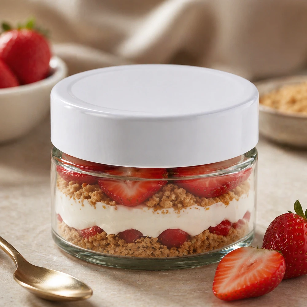 Vasetto rotondo BasicSeal bianco da 130 ml riempito con dessert alla fragola a strati - vasetto in vetro per dolci dessert