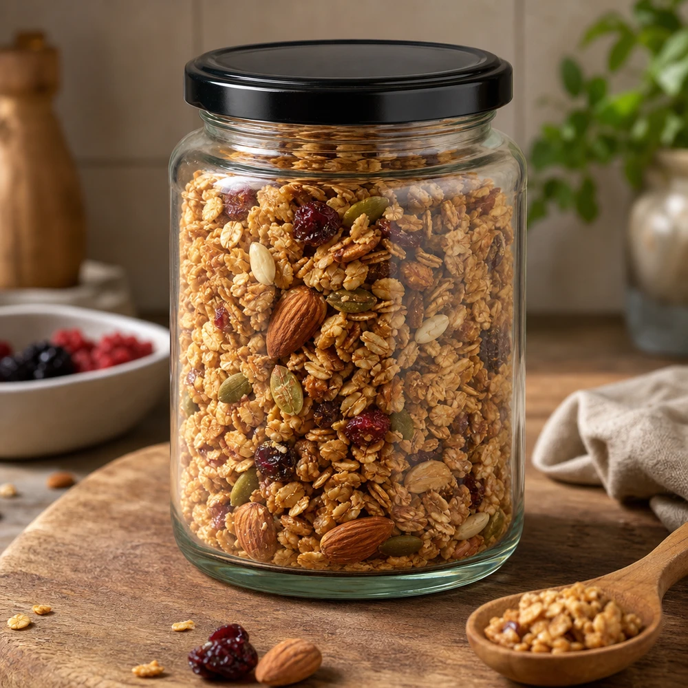 Barattolo rotondo da 382 ml con coperchio BasicSeal nero UNiTWIST. 382ml barattolo rotondo BasicSeal nero pieno di muesli noci frutta secca barattolo di stoccaggio cucina