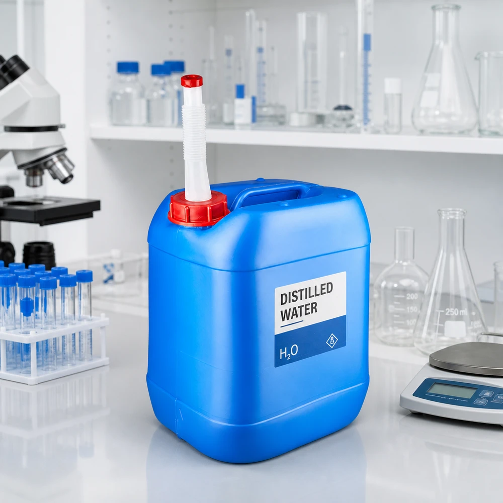 Bidon 20 litres bleu avec tube de vidange Flex Bidon bleu de 20 litres avec bec verseur flexible pour l'eau distillée en laboratoire