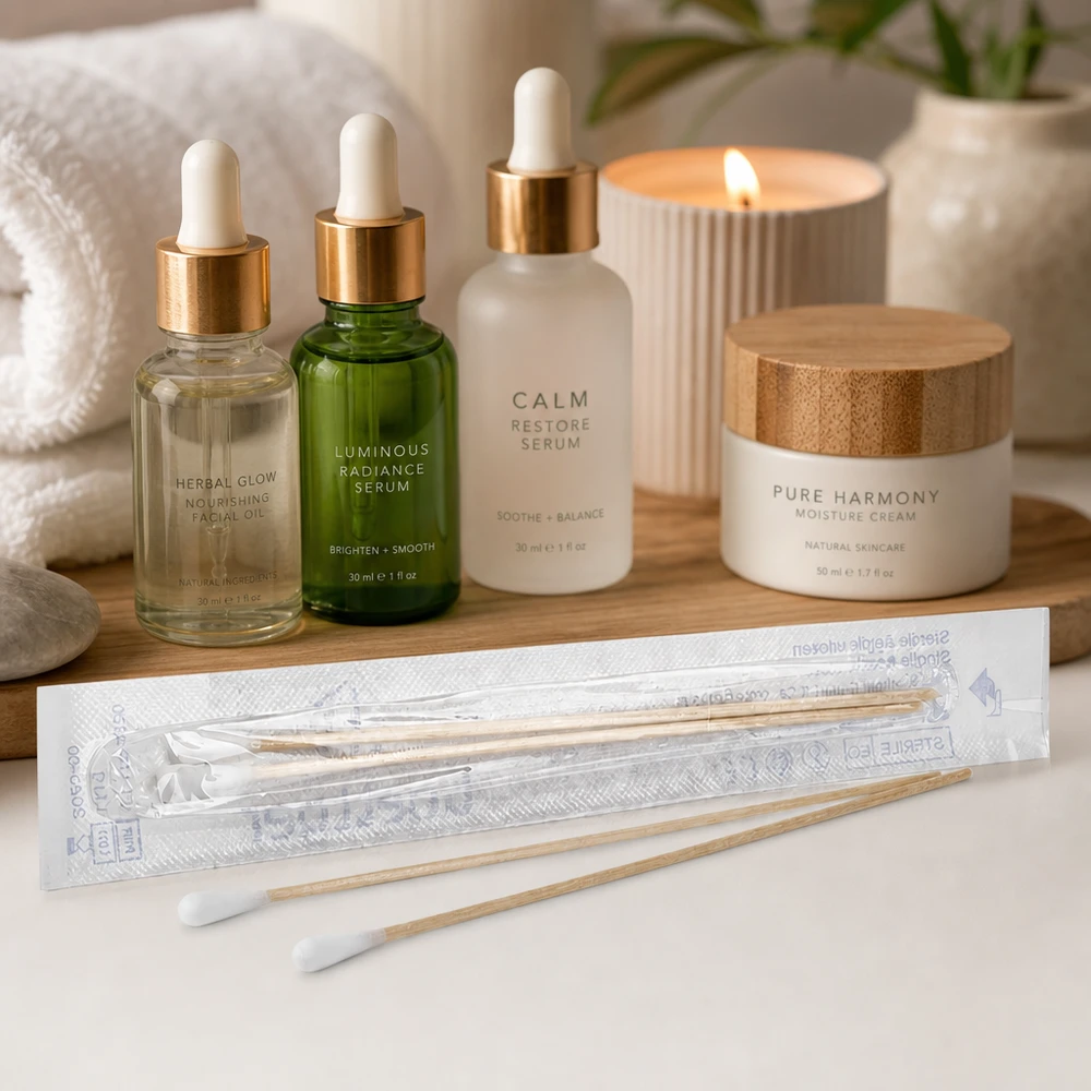 Wattestäbchen STERIL (2 Sück) Medizinische Wattestäbchen 2er Set steril verpackt auf weißer Oberfläche mit Beauty-Produkten