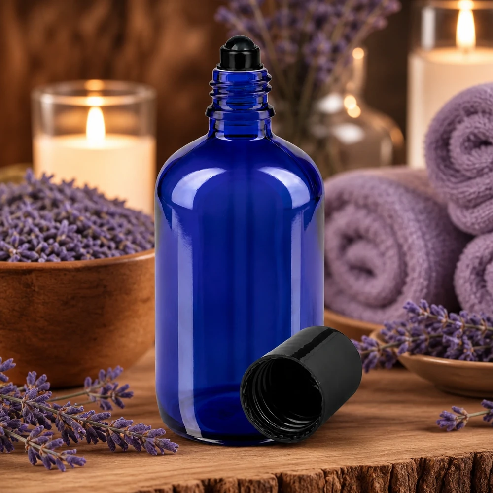 Flacon de déodorant en verre bleu 100 ml, déo à bille vide Flacon en verre bleu de 100 ml muni d'un bouchon à bille, entouré de fleurs de lavande et de bougies