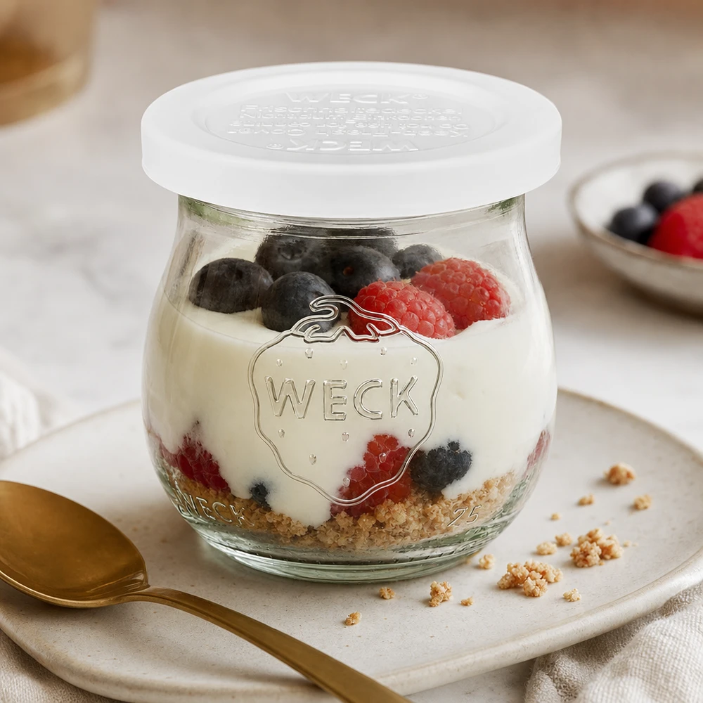 Barattolo a tulipano da 75 ml con coperchio salvafreschezza WECK RR40 Vasetto WECK a tulipano 75ml RR40 con yogurt e bacche e granola come dessert su piatto bianco con cucchiaio dorato