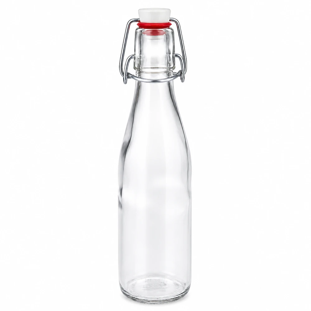Bottiglia in vetro da 250 ml con tappo a battente e tappo in porcellana bianca, bottiglia trasparente vuota per bevande