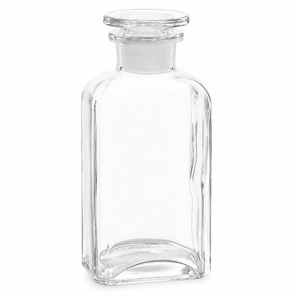 Bottiglia quadrata da 250 ml con collo largo e tappo in vetro Bottiglia quadrata da 250 ml in vetro trasparente con tappo in vetro, a collo largo, qualità da laboratorio