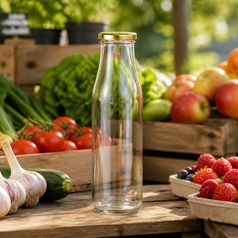 500ml Glasflasche + BasicSeal Deckel gold UNiTWIST 500ml Glasflasche leer BasicSeal Deckel gold zwischen frischem Obst Gemüse auf Holztisch Marktstand Ambiente