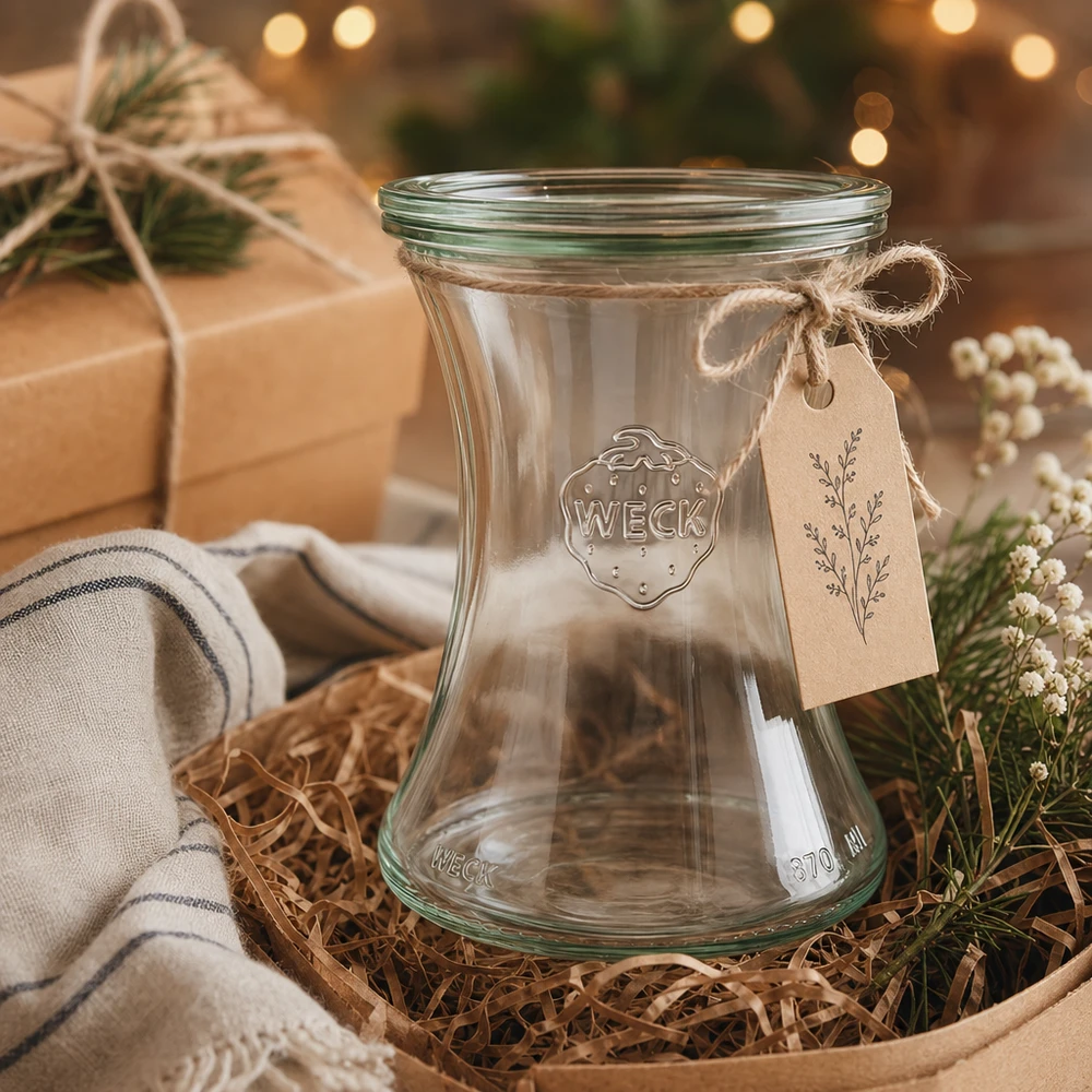 Barattolo per salumi WECK 370ml RR80 in regalo con etichetta in carta kraft in decorazione natalizia rustica