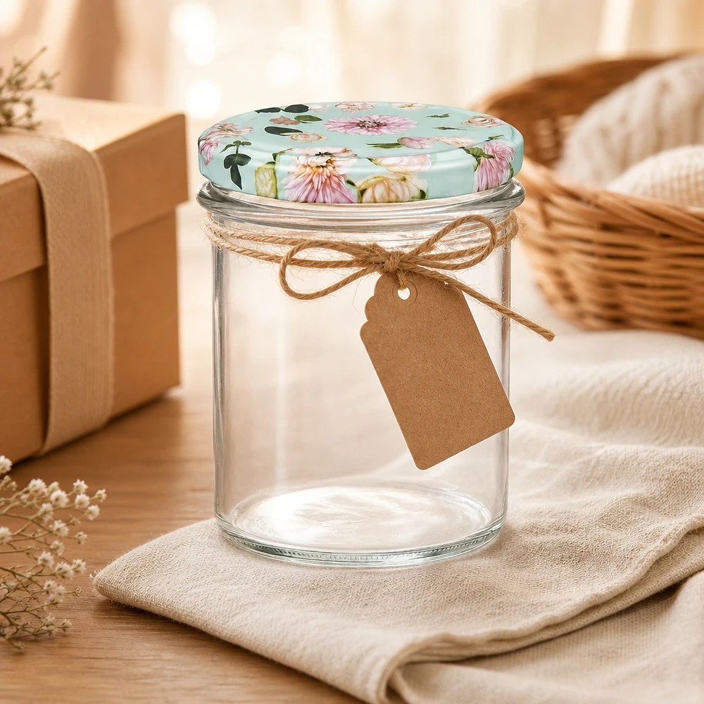 Bicchieri da 350 ml + Coperchio BasicSeal fiore di menta UNiTWIST Bicchieri da 350 ml con coperchio BasicSeal motivo floreale alla menta, decorati con fiocco di iuta e etichetta regalo