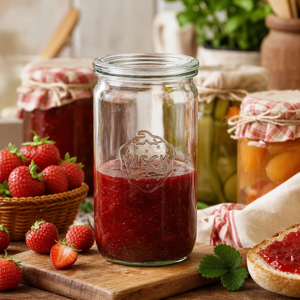 Vaso cilindrico da 340 ml con coperchio in vetro WECK RR60 WECK vaso cilindrico RR60 da 340 ml riempito di marmellata di fragole in una cucina rustica con fragole fresche e pane