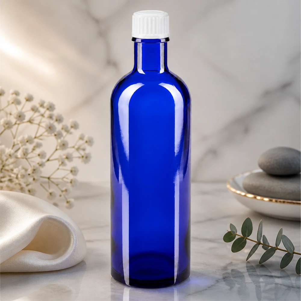 Apothekerflasche Blauglas 200ml schlanke Form weißer Schraubverschluss lichtgeschützt
