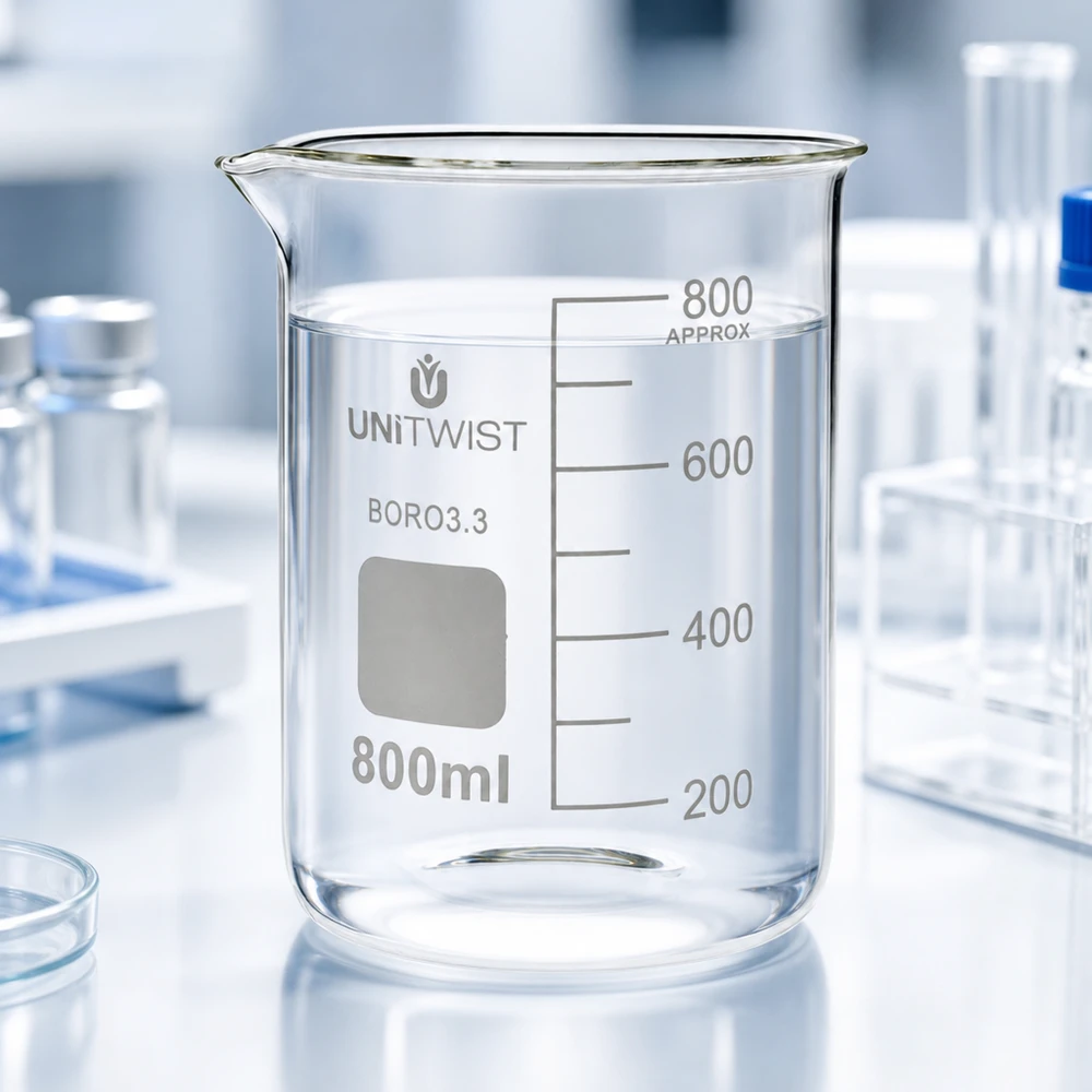 Bicchiere 800ml borosilicato, stampo basso UNiTWIST Becher trasparente vuoto da 800 ml in borosilicato 3.3, forma bassa, modello UNiTWIST, su un piano di lavoro bianco da laboratorio