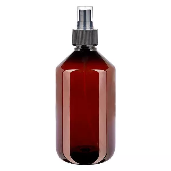 Flacon médical de 500 ml en PET, avec spray noir GCMI 28/410 et capuchon transparent standard