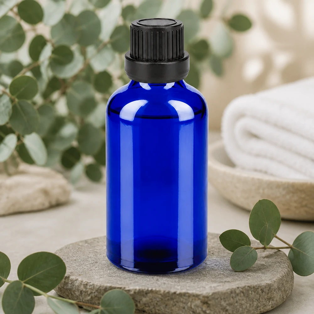 50ml Flasche 11mm Schraubverschluss schwarz Originalitätsverschluss BlueLine UT18/50 Stilvolle blaue 50ml Glasflasche mit mattschwarzem Verschluss für hochwertige Inhaltsstoffe