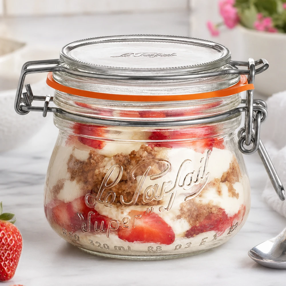 Vasetto Le Parfait® 250 ml Ø70 mm conserve Vasetto Le Parfait Super da 250 ml con tappo girevole riempito di fragole e dessert su una superficie bianca