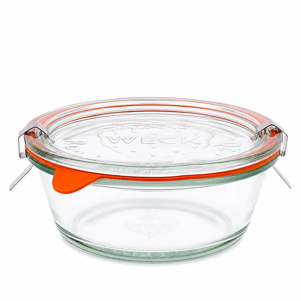 WECK Barattolo Gourmet 300ml RR120 con coperchio in vetro e anello in gomma arancione, barattolo rotondo per conserve in vetro trasparente