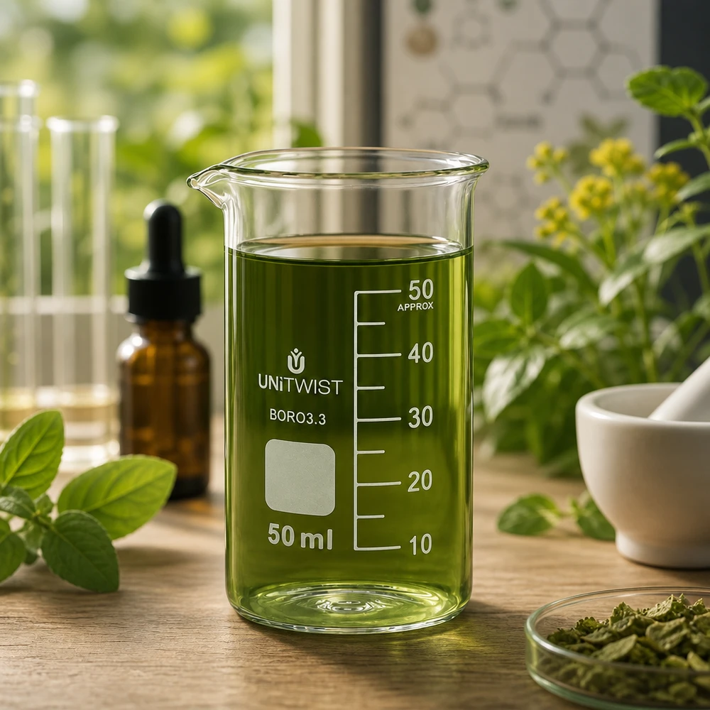 Bicchiere 50ml borosilicato, stampo alto UNITWIST Bicchiere da laboratorio da 50 ml, modello alto UNITWIST, con estratto vegetale verde circondato da erbe fresche