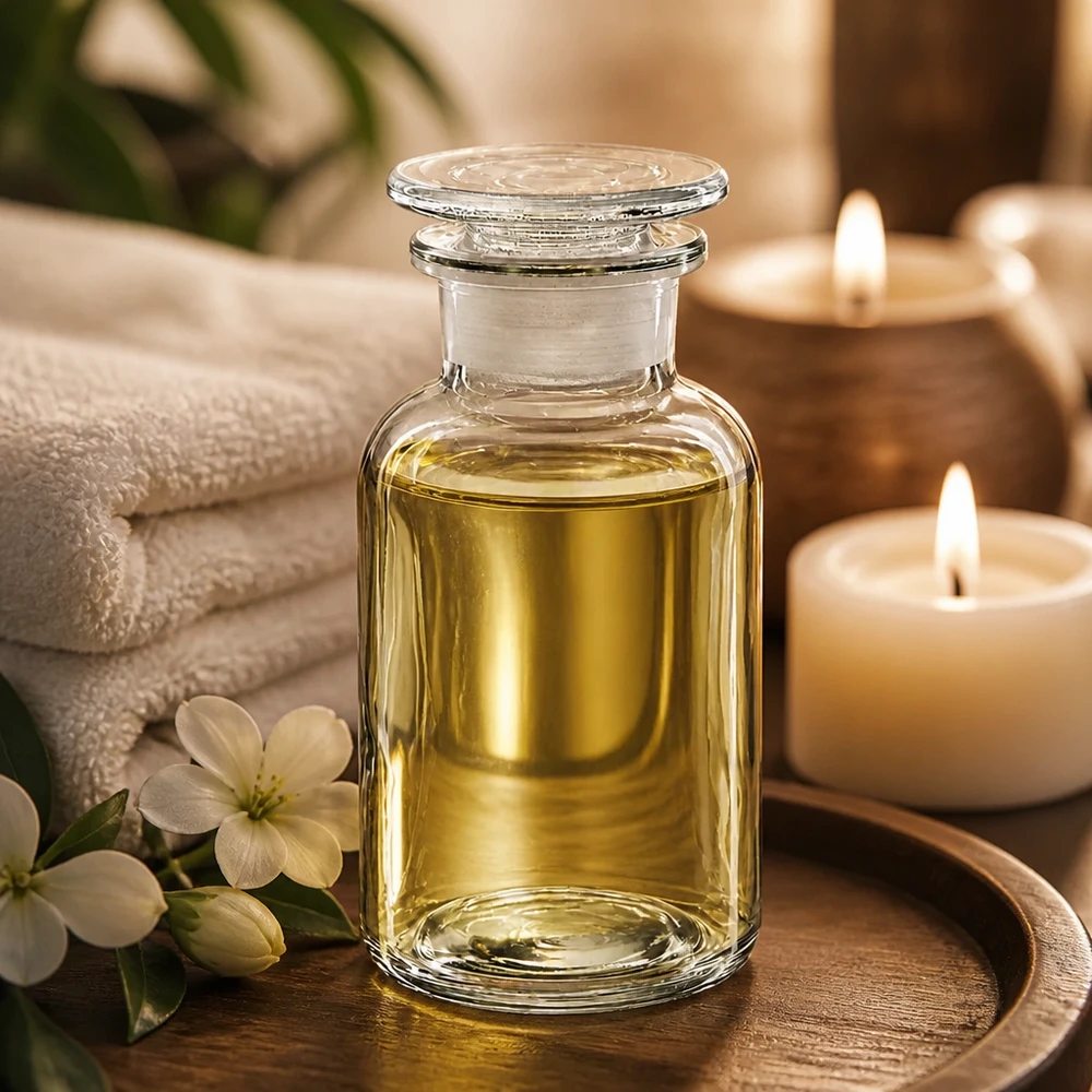 Bottiglia a collo largo in vetro trasparente da 250 ml con tappo in vetro, contenente olio da massaggio dorato, nella spa