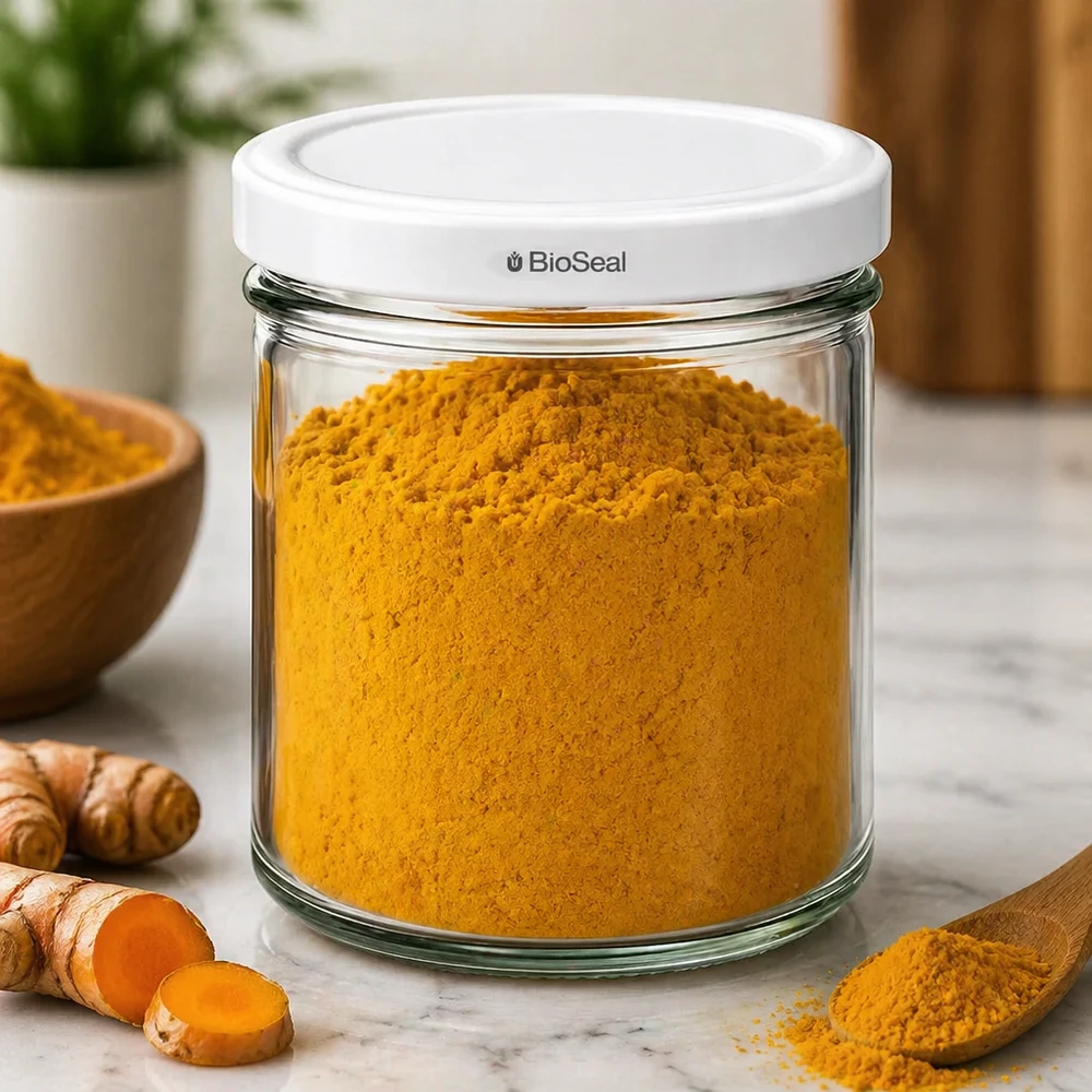 UNiTWIST Barattolo da 167 ml con coperchio BioSeal riempito con polvere di curcuma e spezie per la cucina.