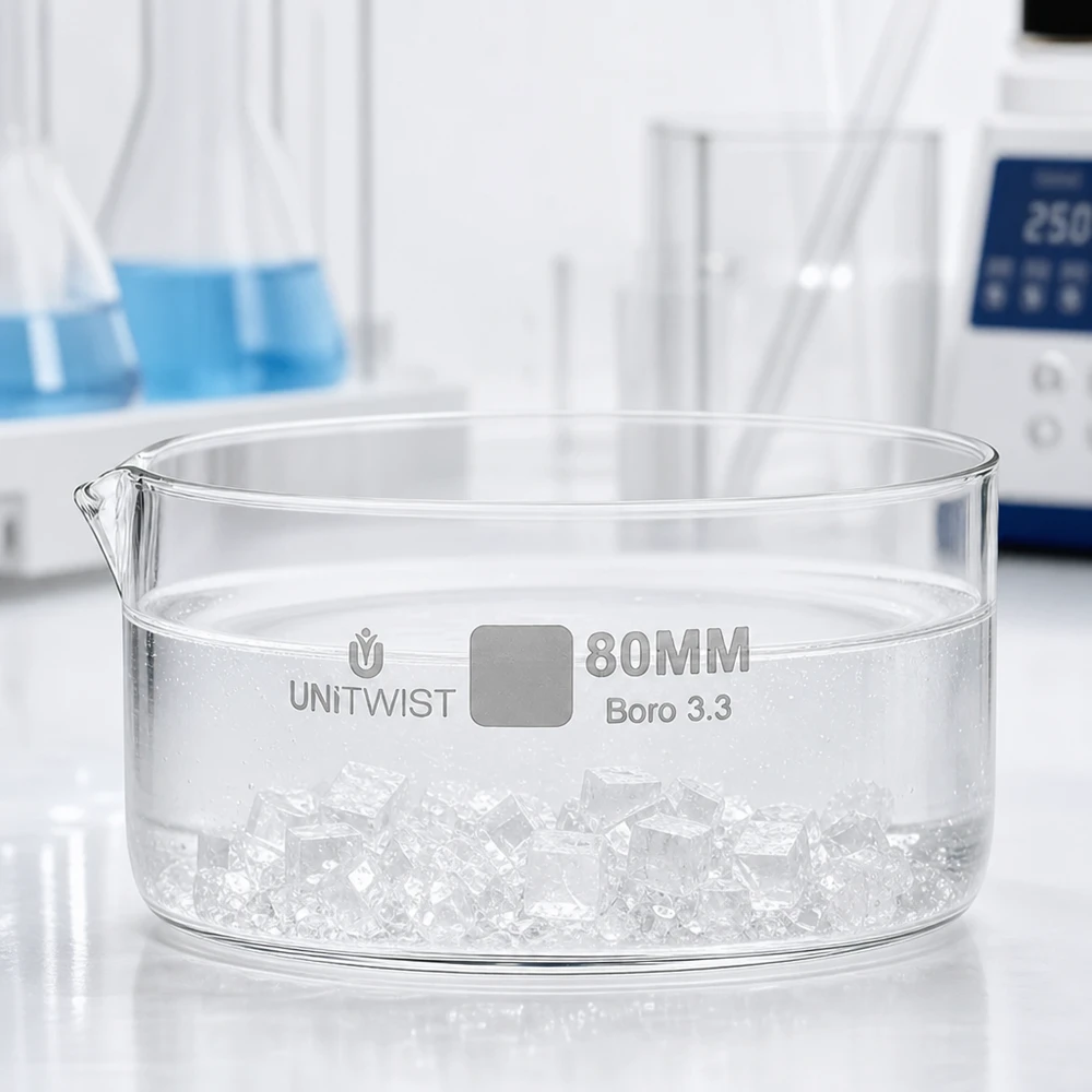 Cristallisoir ø80mm verre borosilicaté UNiTWIST Coupelle de cristallisation plate de 80 mm avec glaçons, pour laboratoire, en verre borosilicaté UNiTWIST