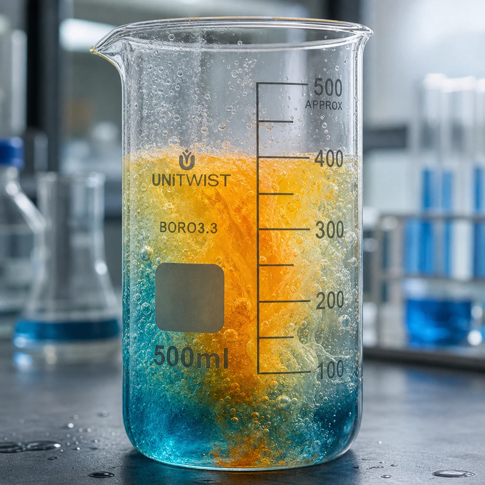 Bicchiere 500ml borosilicato, stampo alto UNITWIST Reazione chimica nel becher UNITWIST da 500 ml, modello alto, con miscela di colori arancione e blu