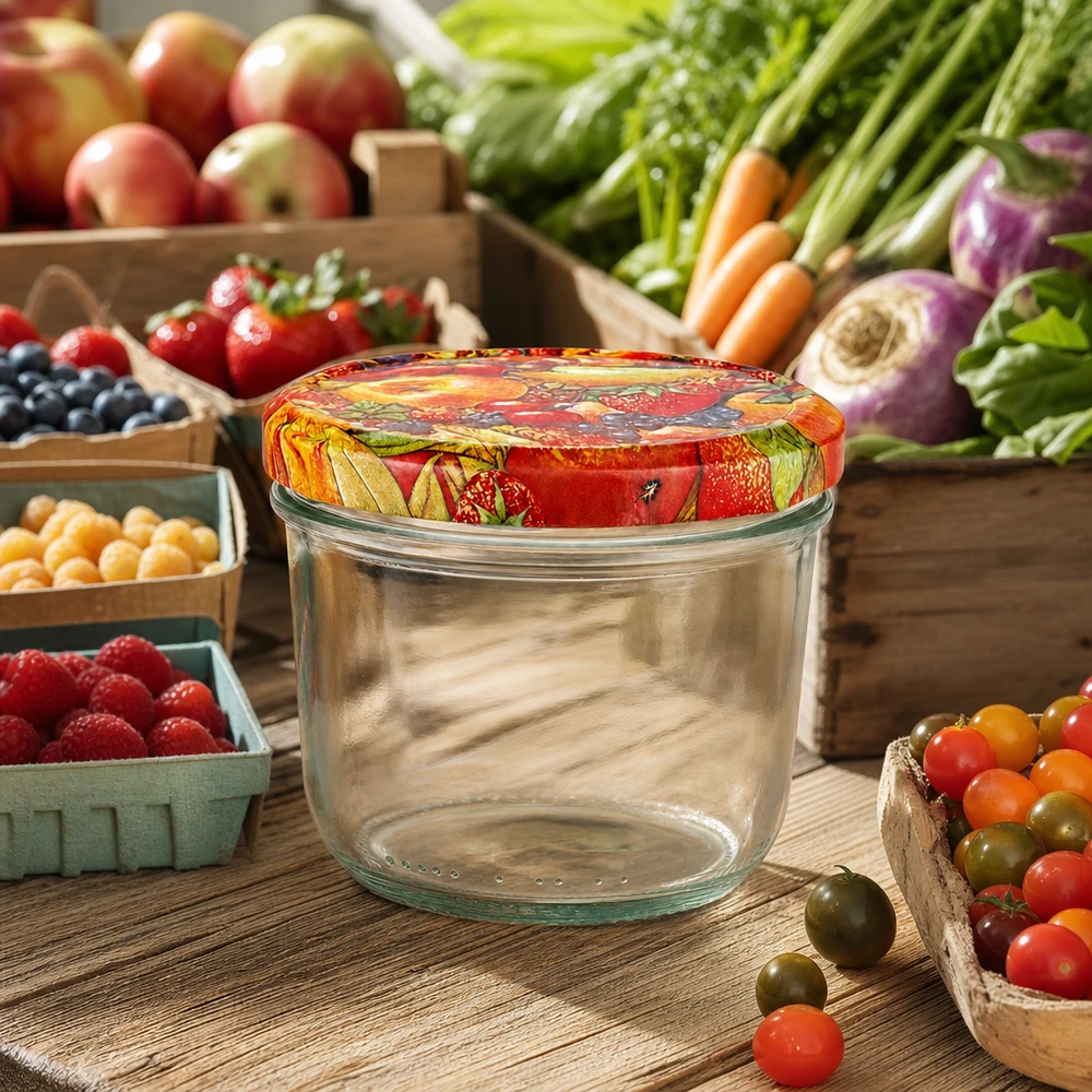 Bicchieri da 230 ml con coperchio BasicSeal con decoro di frutta su un tavolo di legno circondato da verdure fresche e bacche dell'orto