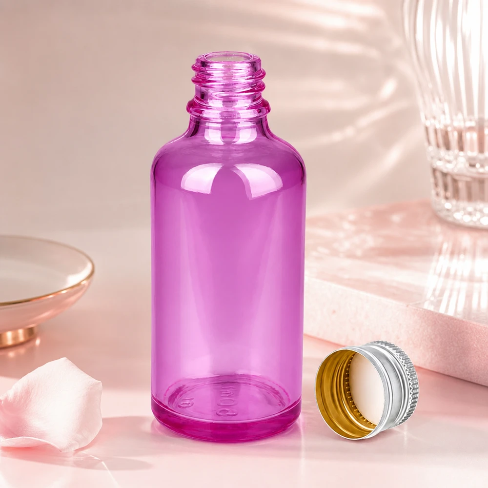 Pratico flacone in vetro viola da 50 ml con filettatura standard per un facile riempimento e dosaggio