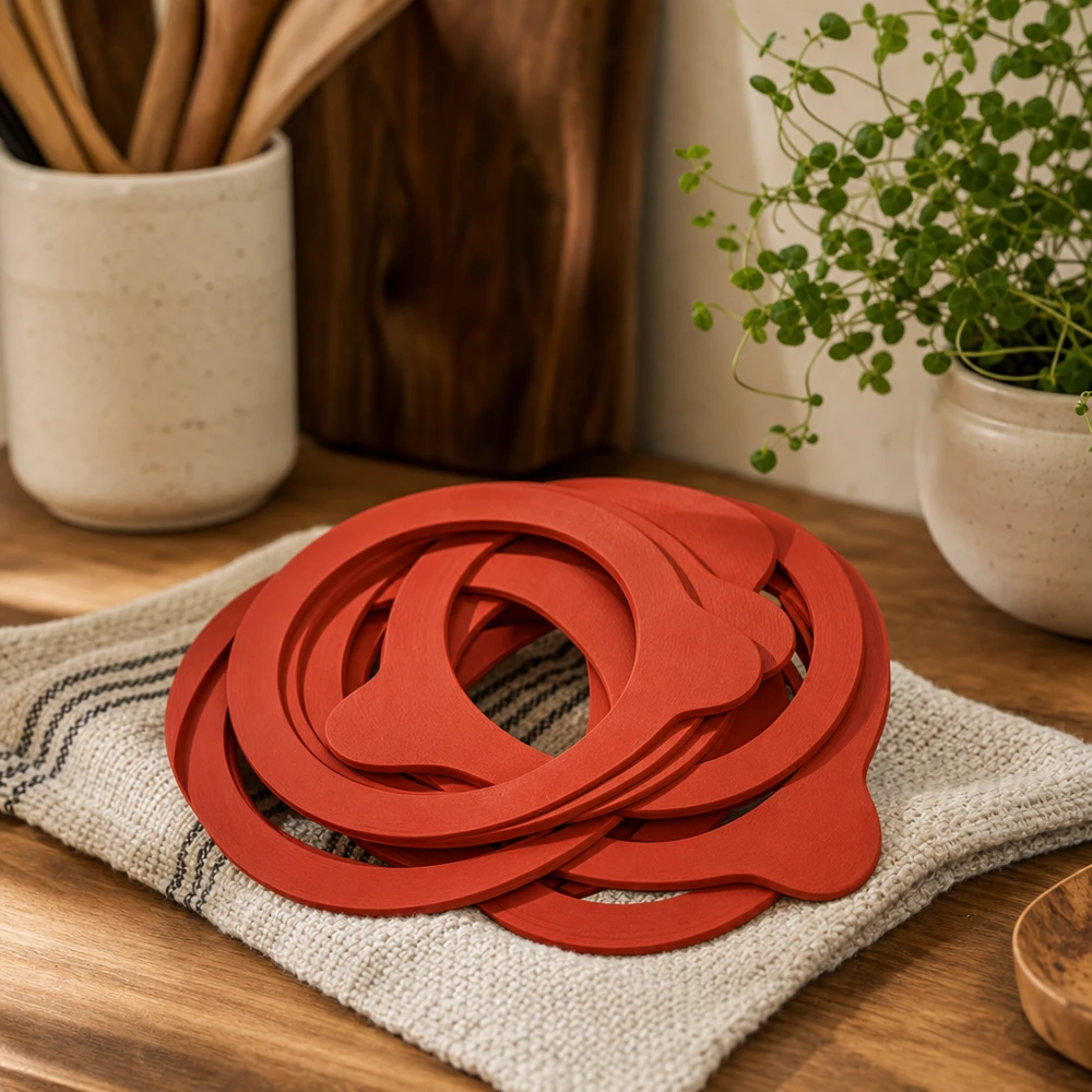 Anelli bollenti RR100 rossi in gomma naturale su un telo da cucina in un ambiente accogliente con utensili in legno
