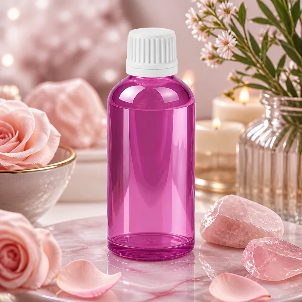 Bottiglia da 50ml tappo a vite 11mm bianco Originalità tappo a vite PurpleLine UT18/50 Piccolo flacone di vetro da 50 ml in viola con tappo bianco, per viaggiare e per l'uso.