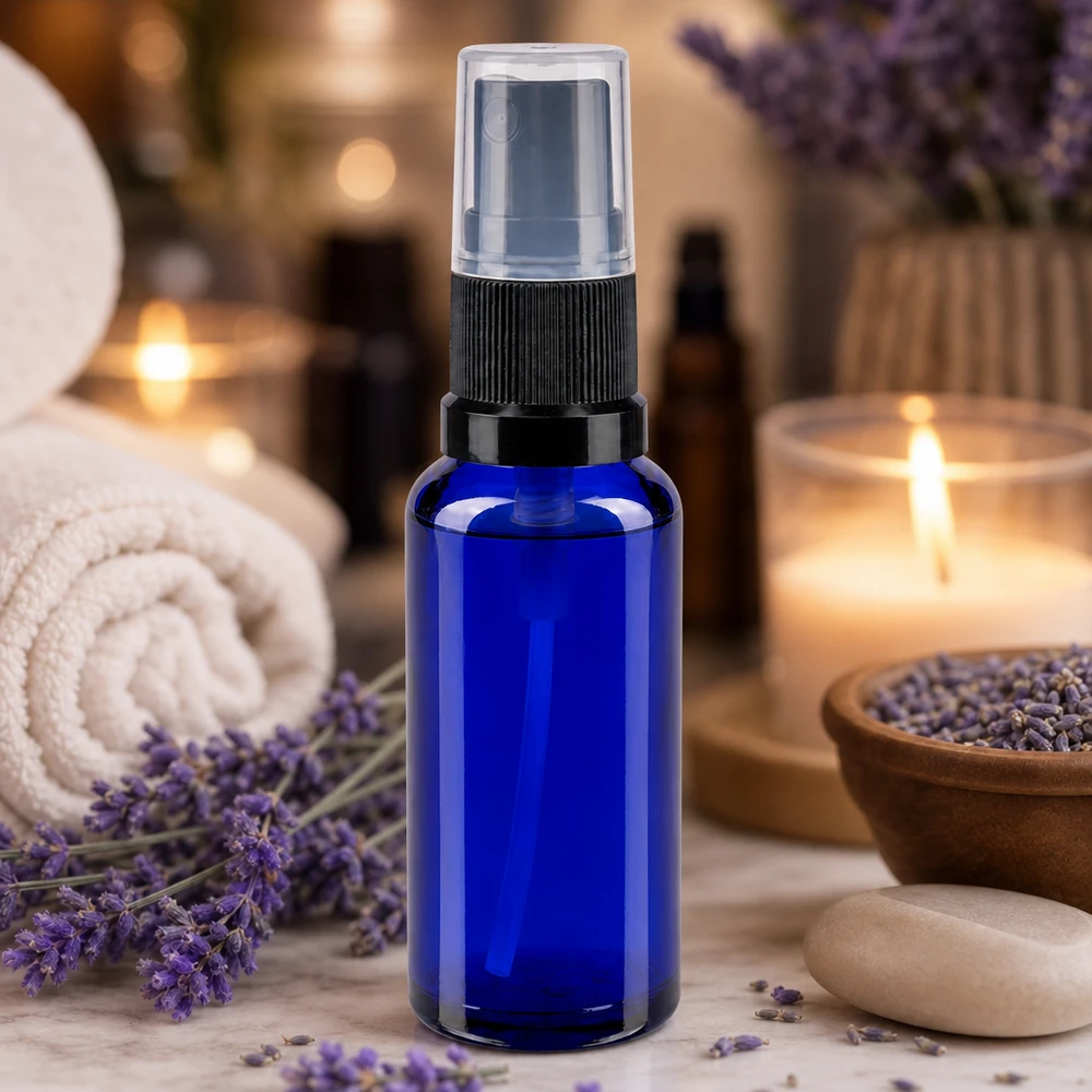 Blauglas Zerstäuberflasche 30ml mit schwarzem Sprühkopf ideal für Raumsprays und Seren