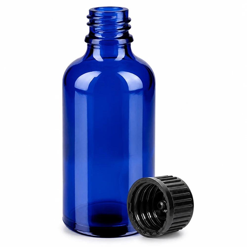 Bottiglia professionale in vetro blu da 50 ml con chiusura antimanomissione per applicazioni di laboratorio