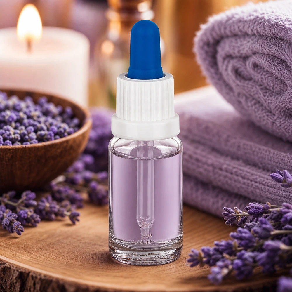 Flacon à pipette 10ml blanc/bleu OV ClearL. UT18/10 Flacon-pipette de 10 ml rempli d'huile de lavande, posé sur un socle en bois orné de fleurs de lavande et d'une bougie