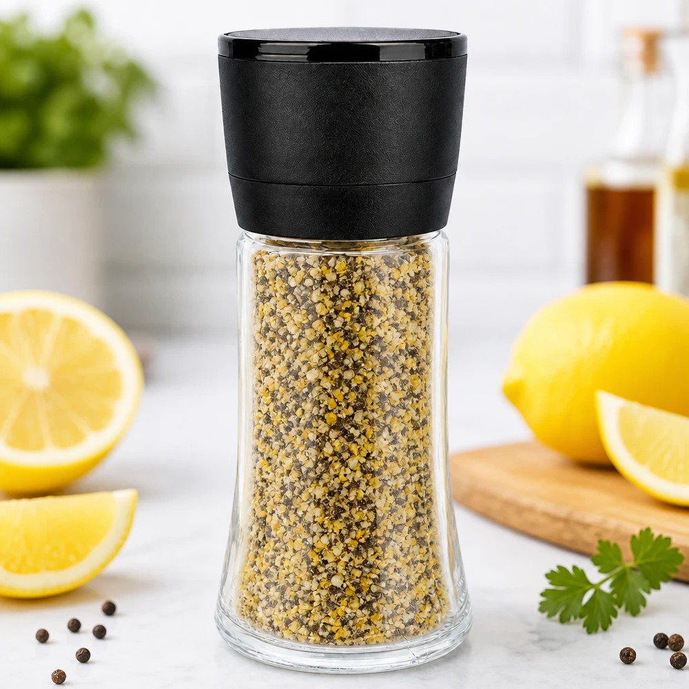 Pot à sel/épices 95 ml avec moulin Vario noir Salzmühle Vario 95ml mit transparentem Glaskörper und würziger Zitronen-Pfeffer-Mischung gefüllt