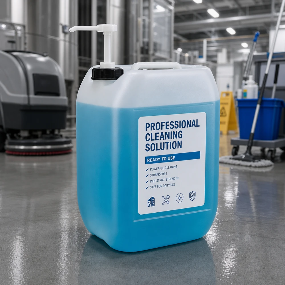 Kanister 10 Liter mit Dosierpumpe Industriestärke Reinigungsmittel 10 Liter Kanister mit Pumpe neben Wischmopp und Reinigungswagen