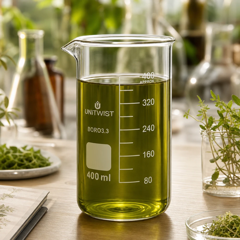 Bicchiere 400ml borosilicato, stampo alto UNITWIST Bicchiere UNITWIST da 400 ml con estratto vegetale verde circondato da erbe aromatiche fresche su base di legno