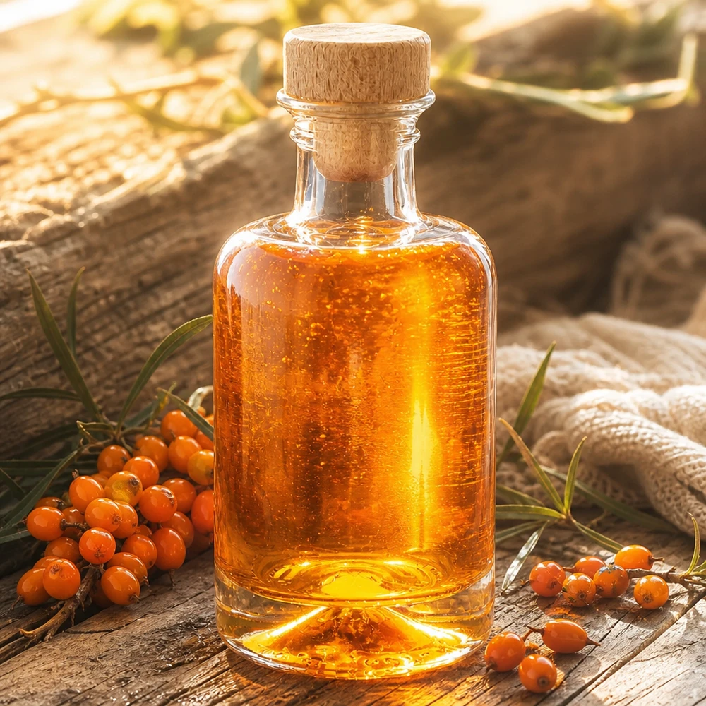 Bottiglia in vetro di Sofia da 100 ml con tappo in legno riempita con olio di olivello spinoso accanto a bacche di olivello spinoso arancione decorazione naturale