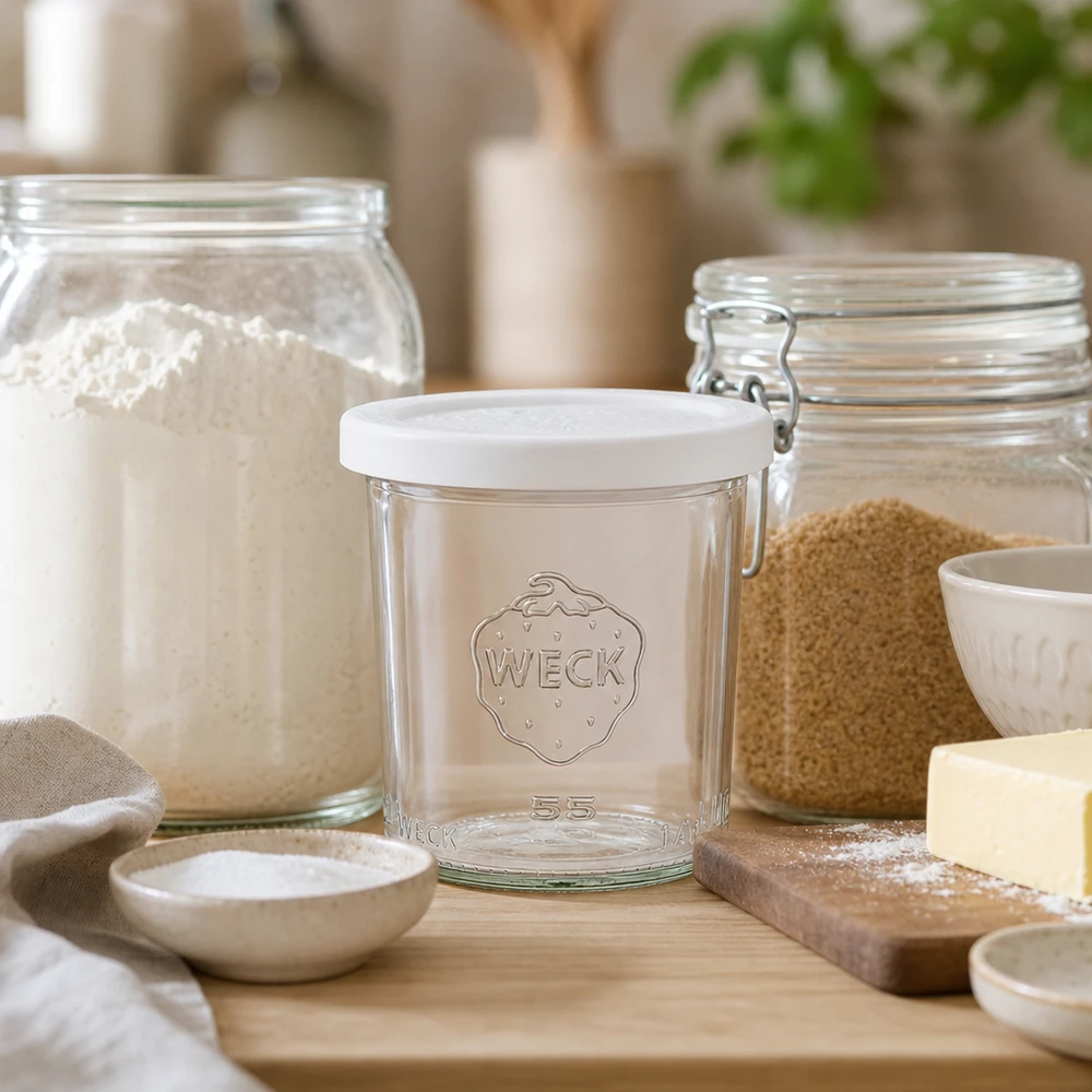 Bocal en verre de 140 ml avec couvercle hermétique WECK RR60 WECK Sturzglas 140ml RR60 in natürlicher Küchenumgebung mit Backzutaten und Holzbrettchen als Lifestyle-Aufnahme
